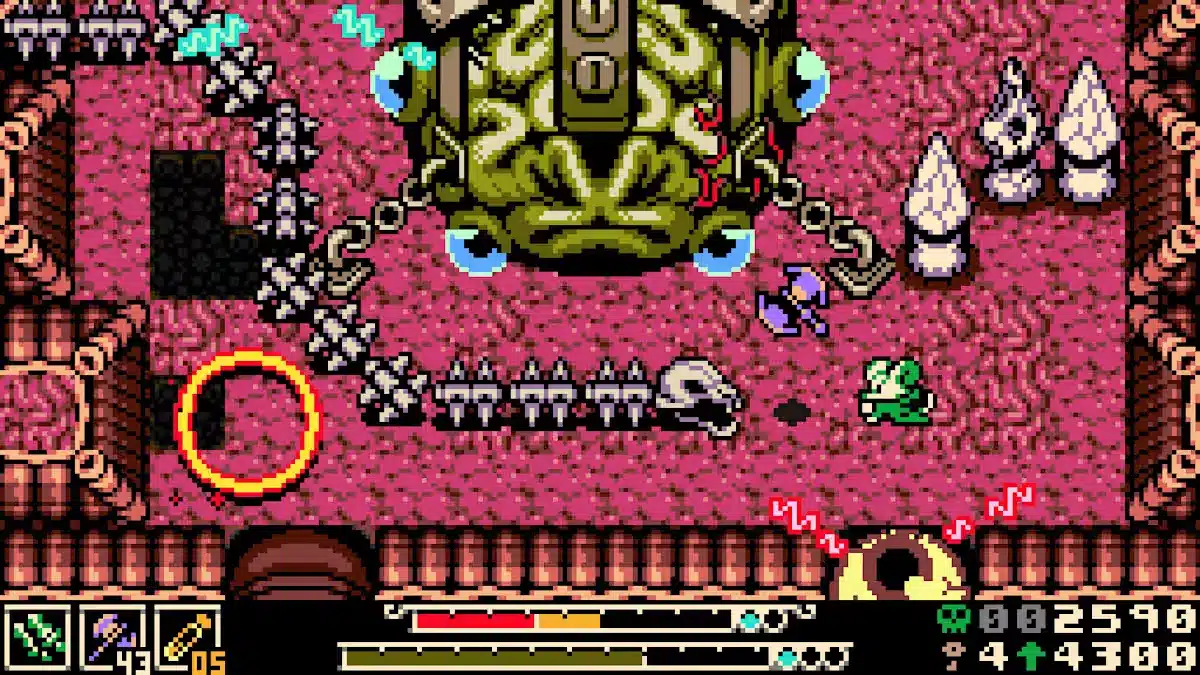 Mina the Hollower gameplay showing Mina battling enemies in a pink dungeon area with traps and obstacles.