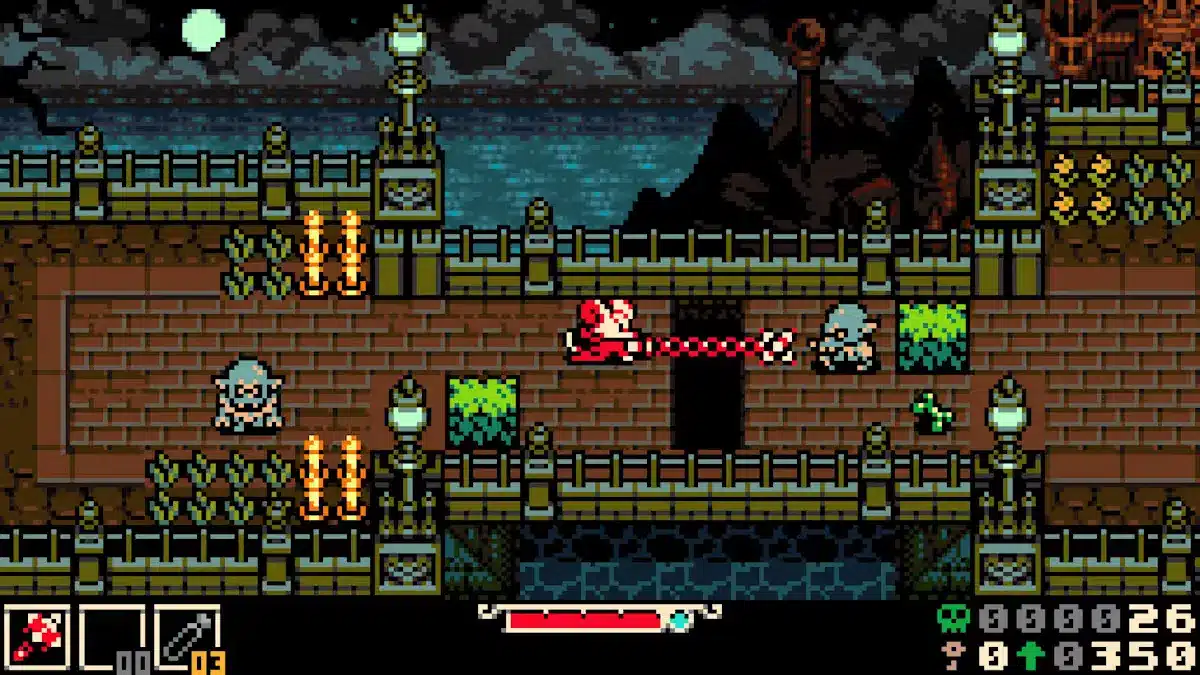 Mina the Hollower gameplay showing Mina using a chain weapon against enemies on a dark bridge-like platform.