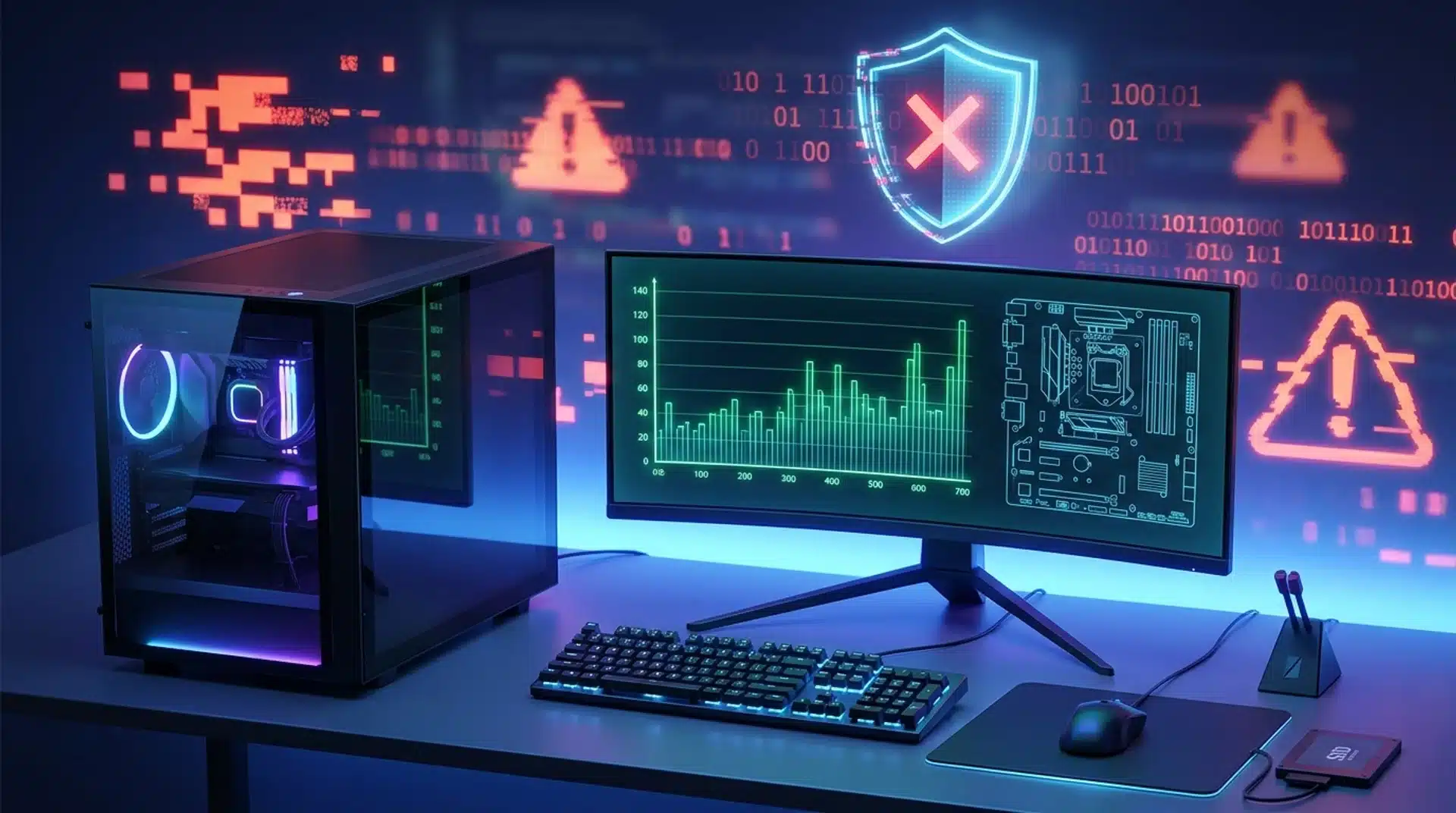 Illustration of a gaming PC setup showing safe performance optimization and anti-cheat security concepts without cheats.