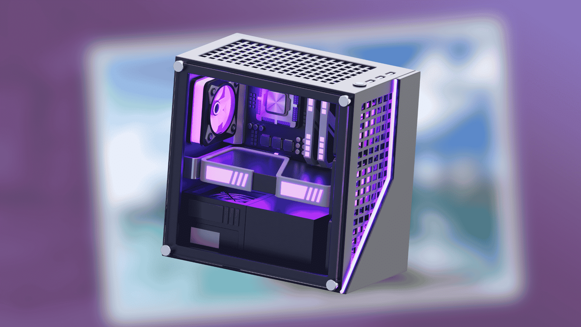 RGB gaming PC case with visible internal parts and purple lighting on Vice City background