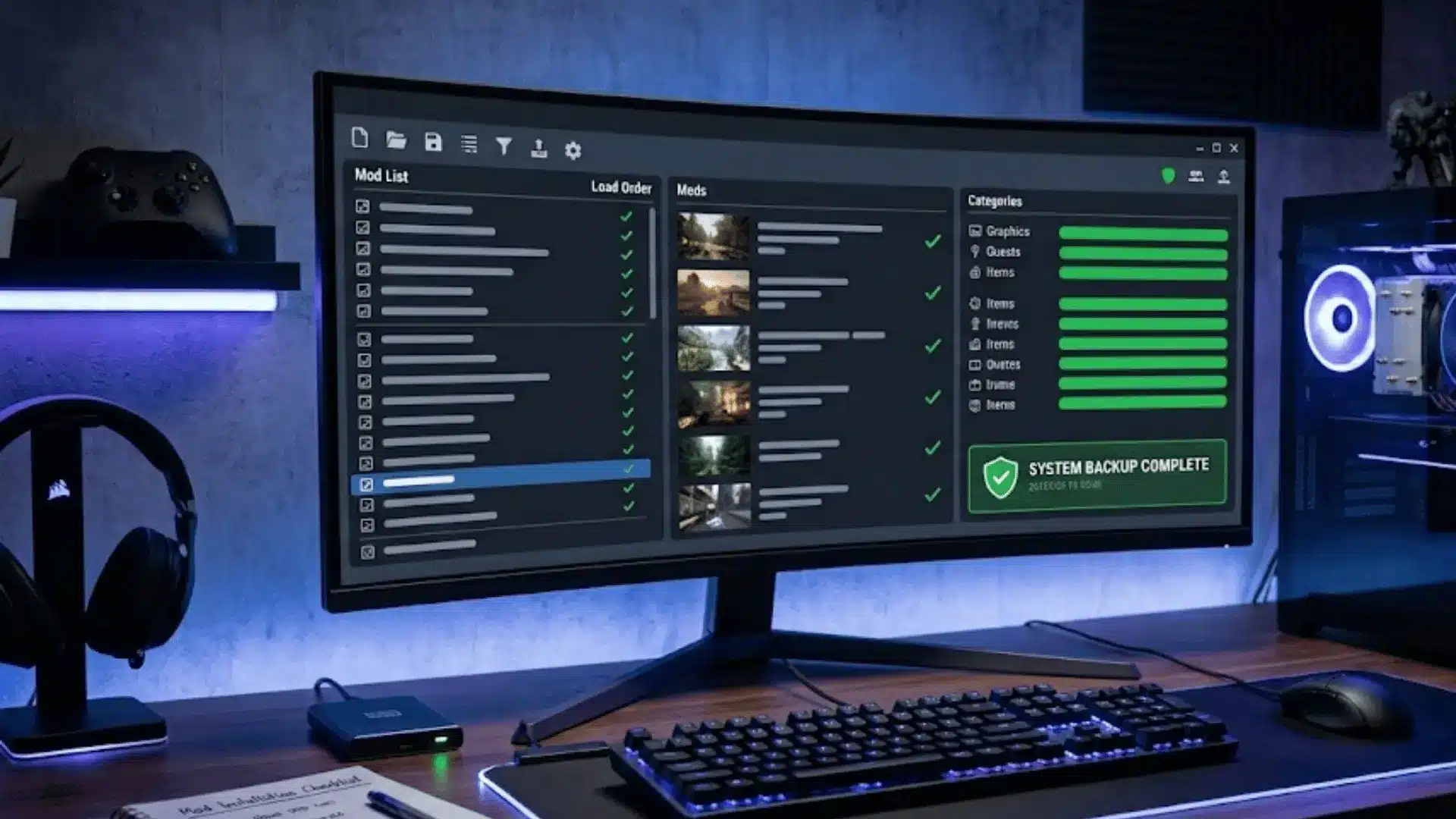 Gaming PC setup showing a mod manager, backup drive, and organized tools for safe game mod installation.