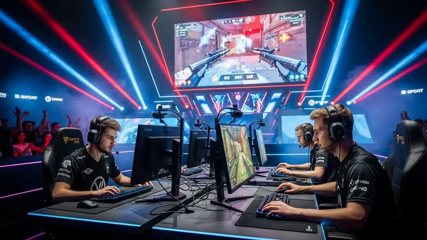Esports players in team jerseys competing at monitors on a lit stage with a large game screen