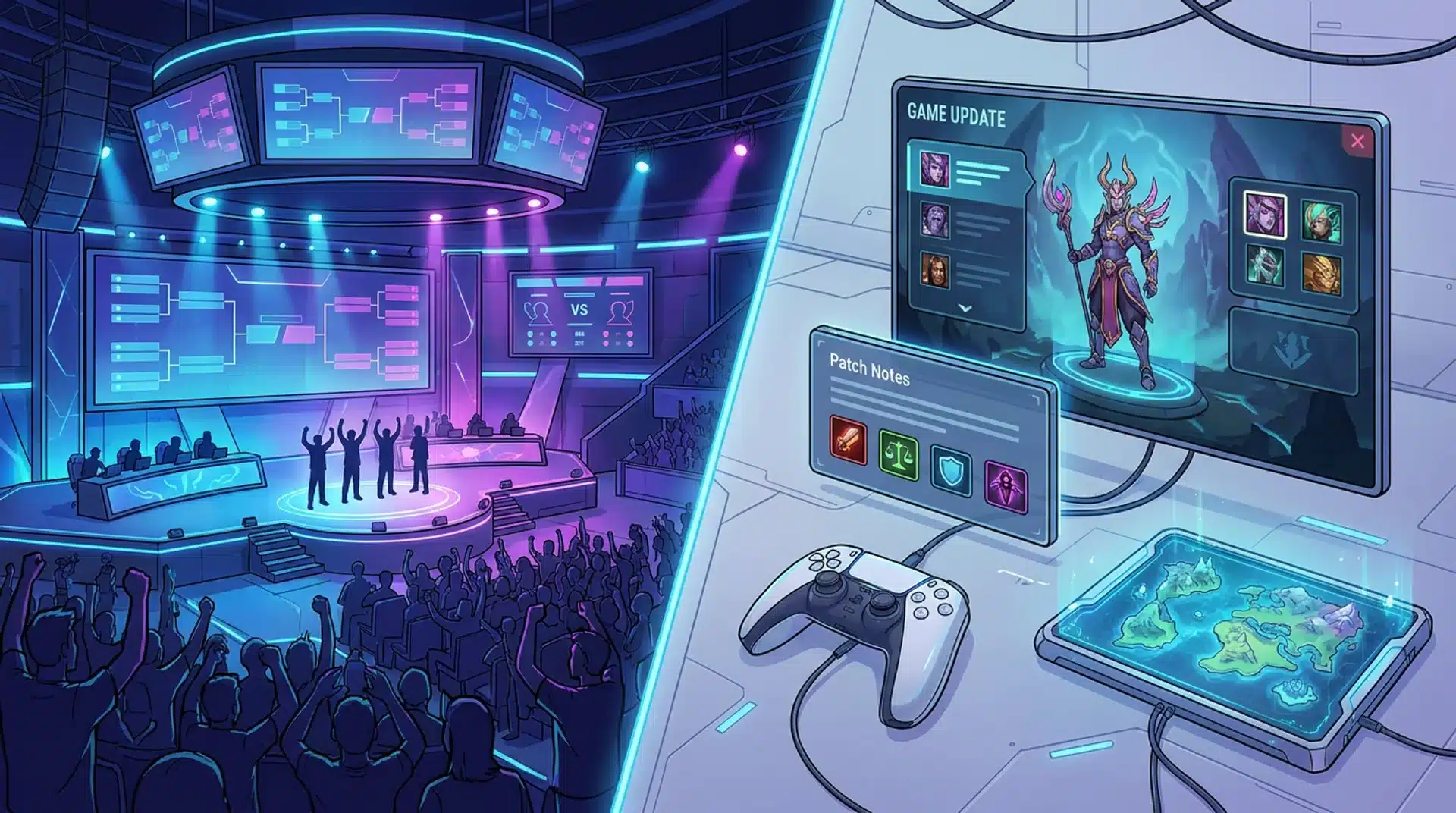 Illustration showing esports tournament coverage alongside game updates and patch notes on a split gaming dashboard.