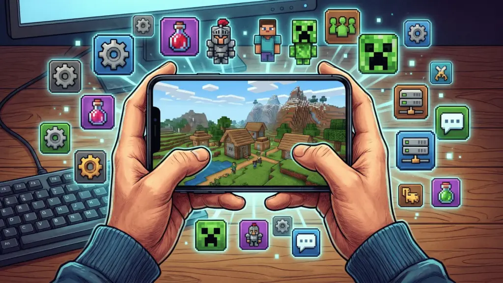 An illustration of hands holding a smartphone playing Minecraft, surrounded by glowing pixel-art game icons.
