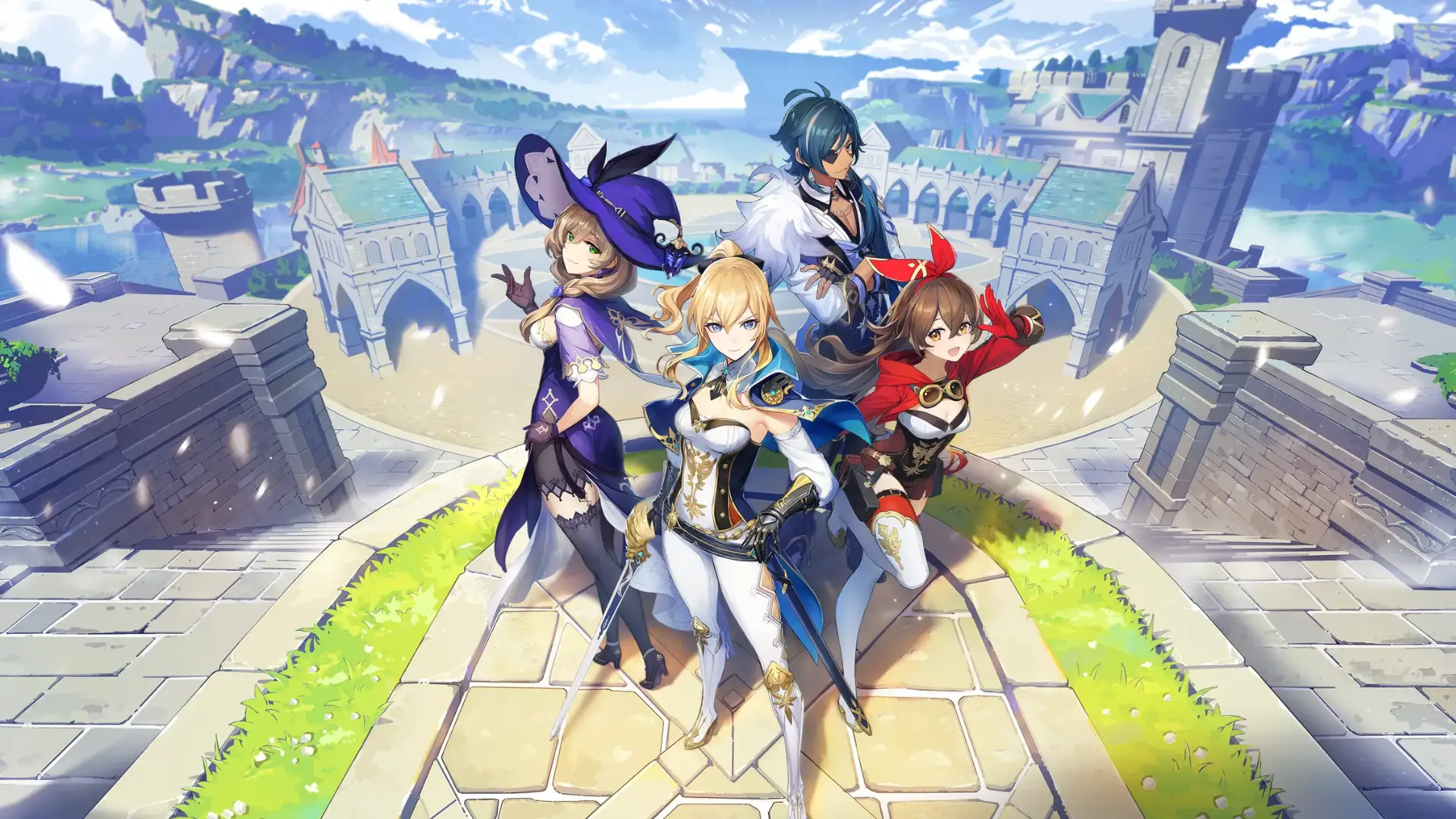 Four Genshin Impact heroes pose above Mondstadt beneath a bright blue sky and clouds