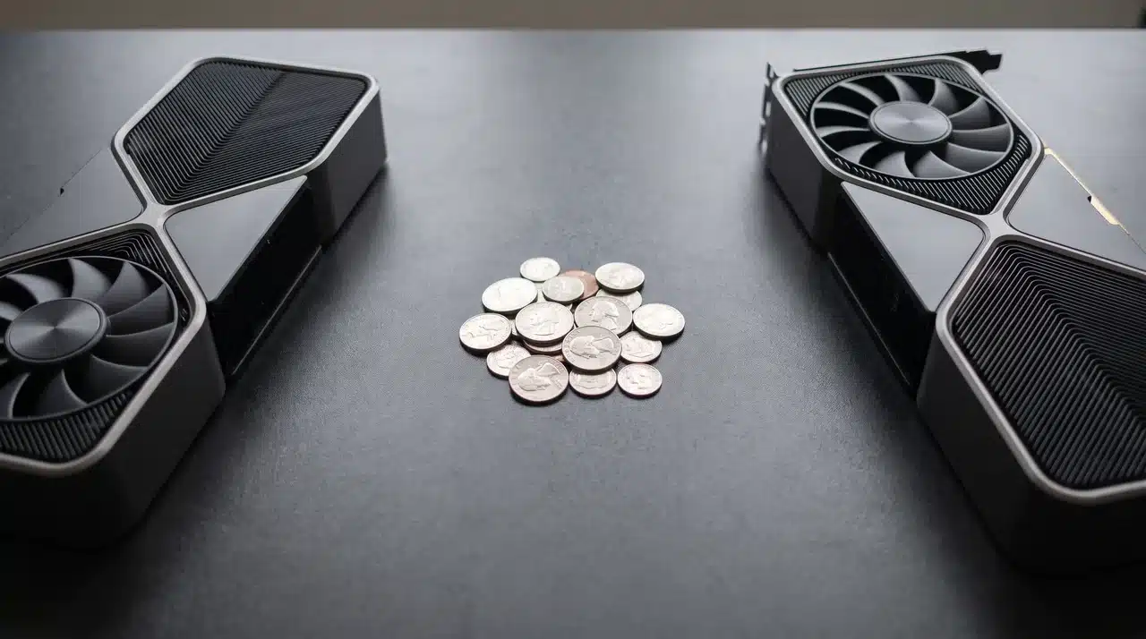 Two graphics cards on a surface with a small stack of coins between them