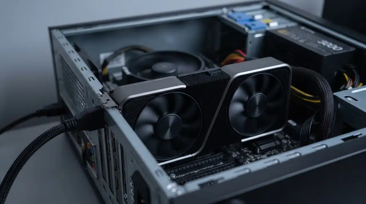 Graphics card installed in an open desktop PC case with fans spinning