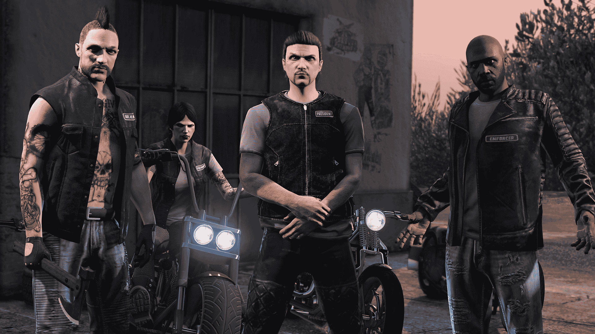 GTA Online biker gang standing with motorcycles outside a clubhouse during a tense scene