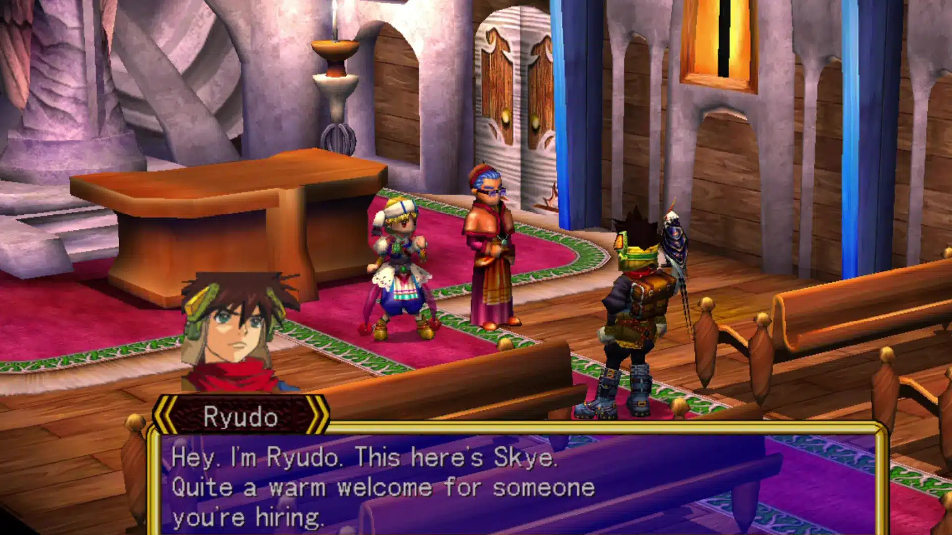 Grandia II characters talk inside a church as Ryudo introduces Skye during a story scene