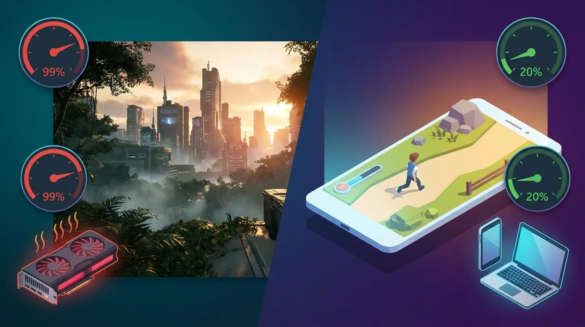 Split view of high-end realistic game graphics vs optimized mobile performance comparison.