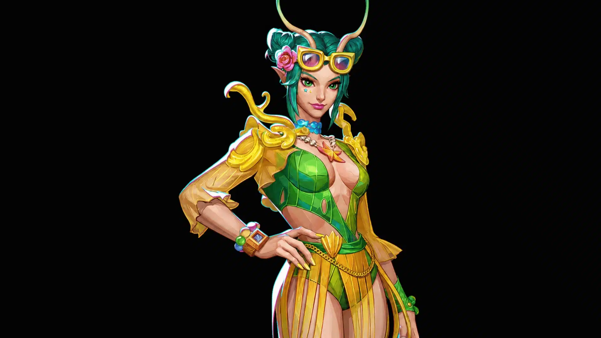 Green-haired horned game character wearing green and gold armor with goggles against a black background