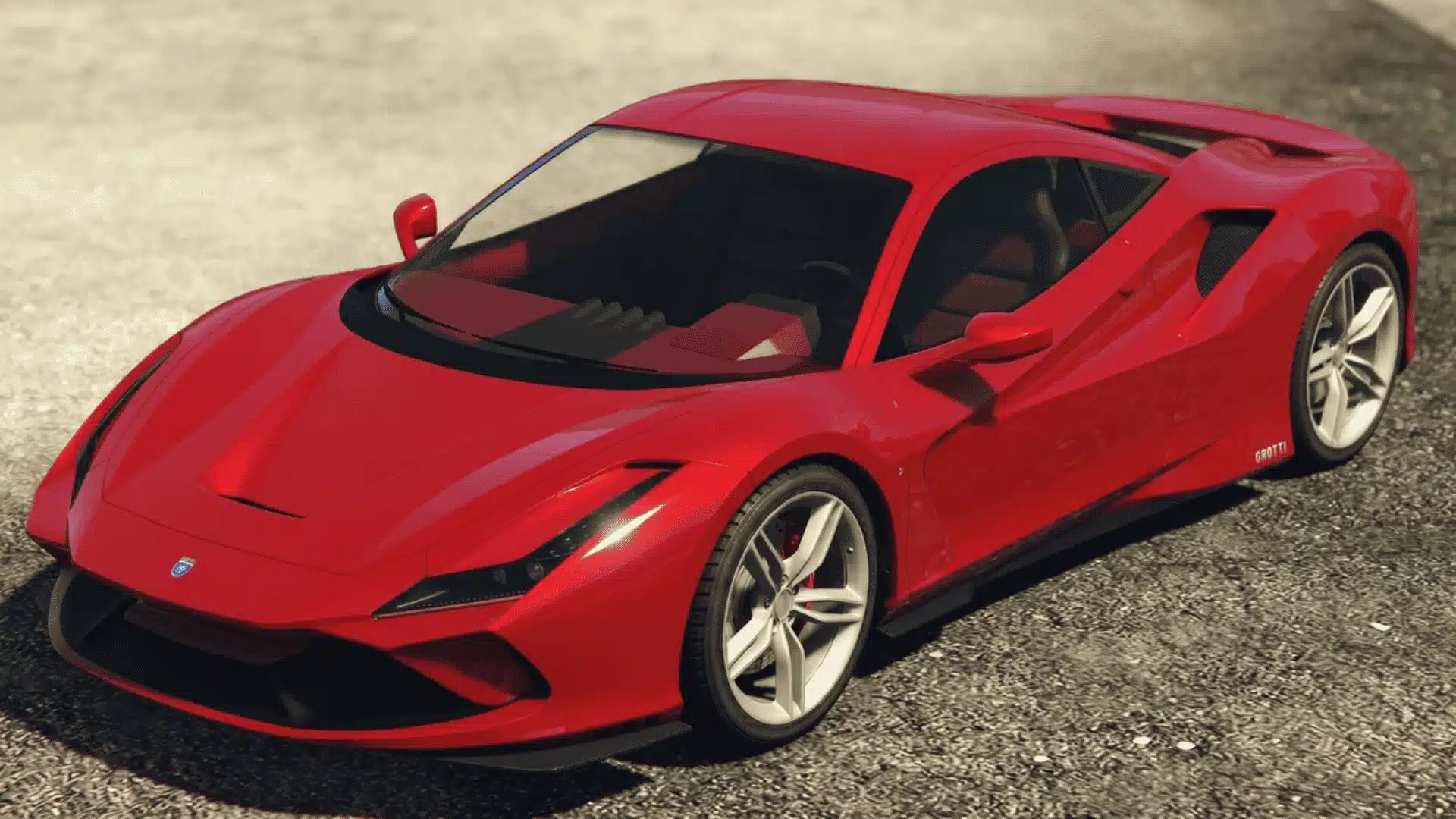 Red Grotti Turismo Omaggio sports car parked on a road with a sleek aerodynamic design,\.