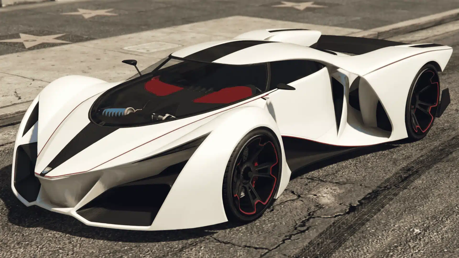 White Grotti X80 Proto with black accents parked on a city street in GTA Online