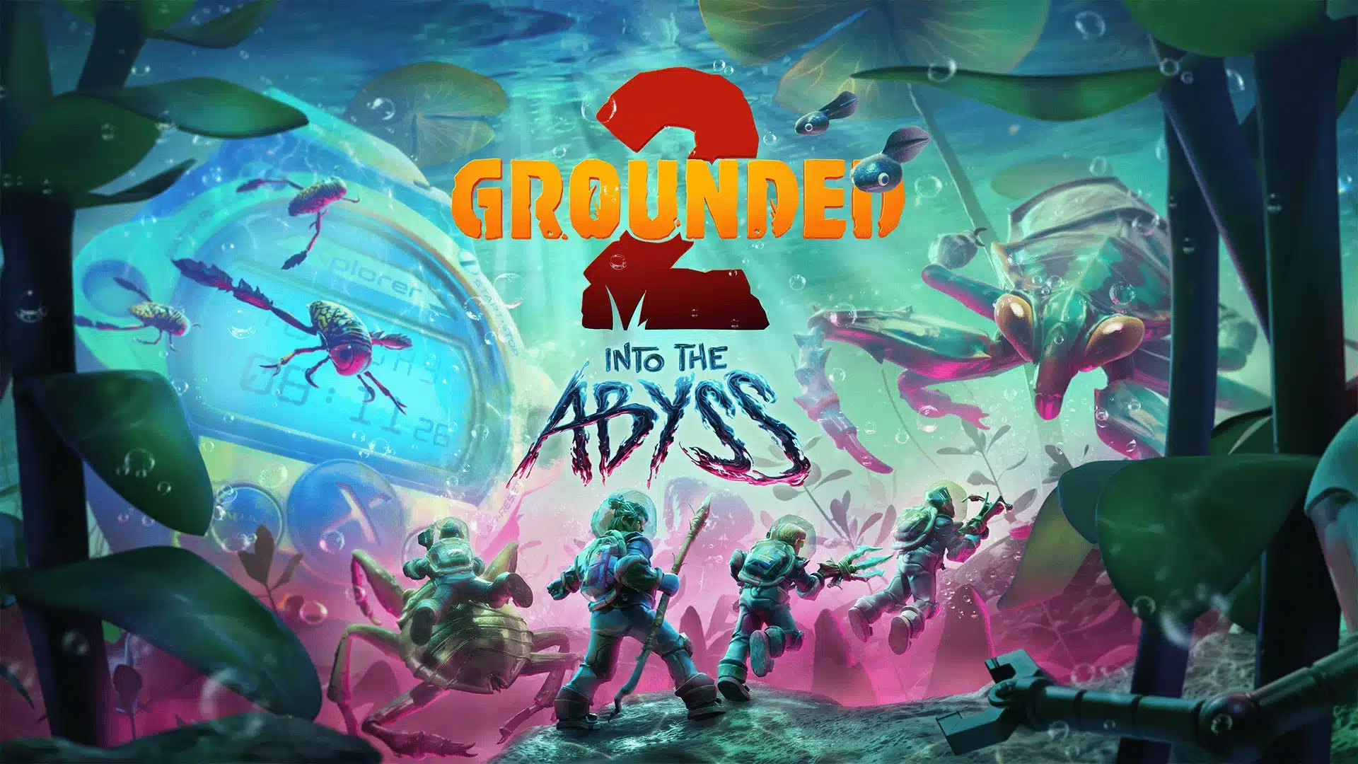 Grounded 2 Into the Abyss artwork with four characters facing insects beneath lily pads