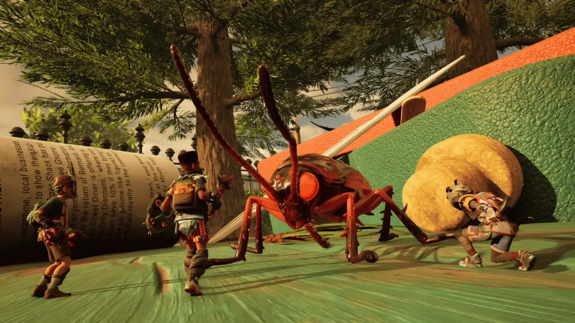 Grounded 2 gameplay with characters fighting a large insect near oversized objects