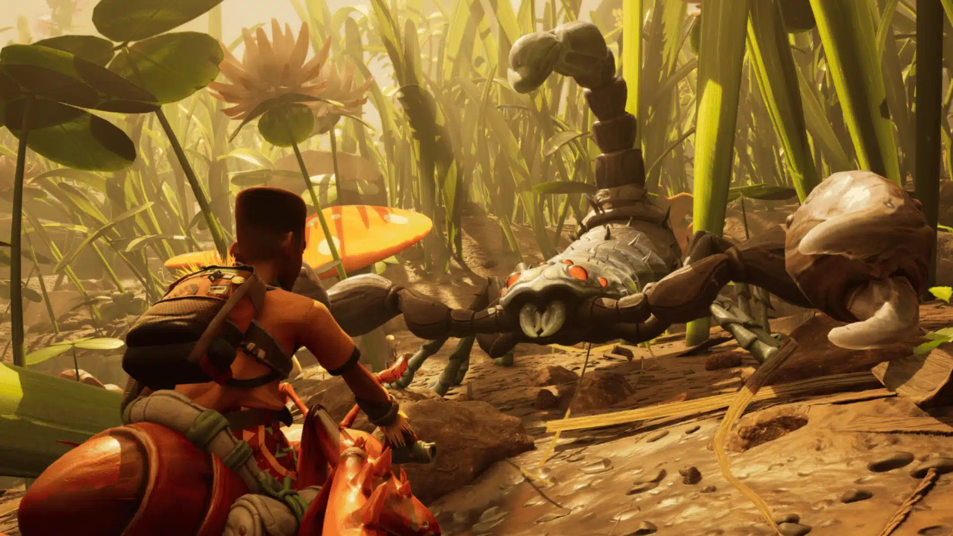 Grounded 2 gameplay scene with character riding insect near a large scorpion in grass