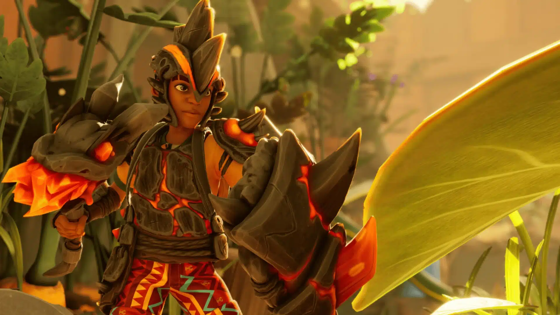 Grounded 2 character wearing insect armor and holding a shield among oversized garden plants