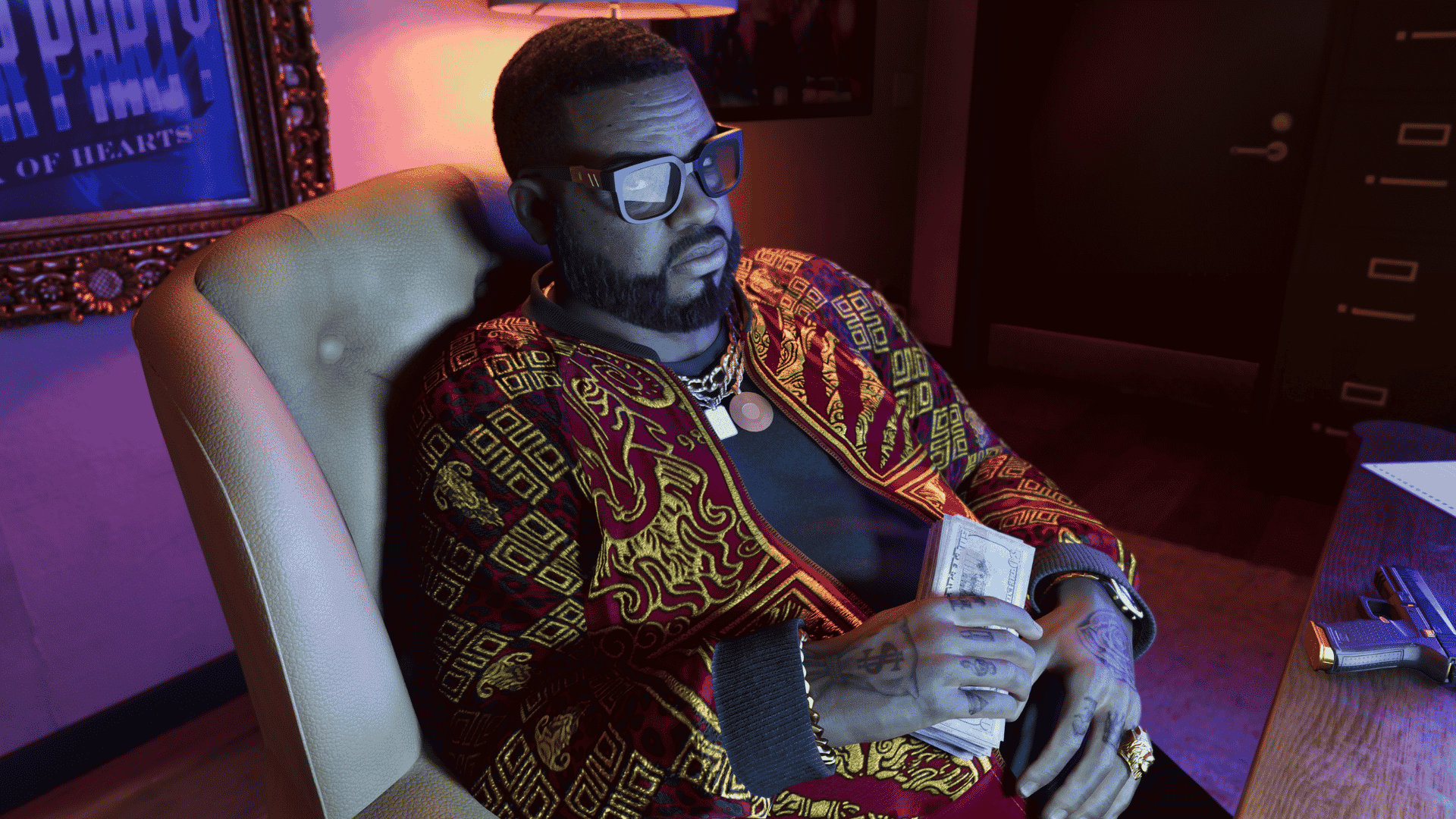 Boobie Ike sitting in a GTA 6 office chair holding cash beside a handgun on the desk