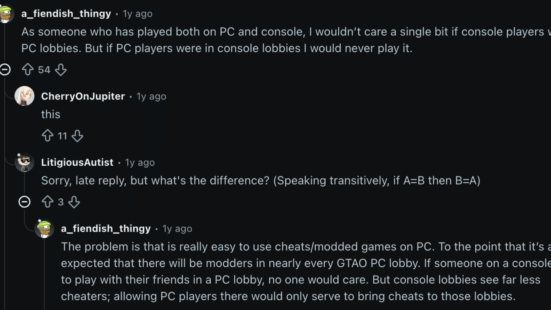 Reddit discussion about GTA 6 crossplay, with users debating PC cheaters and console lobbies.