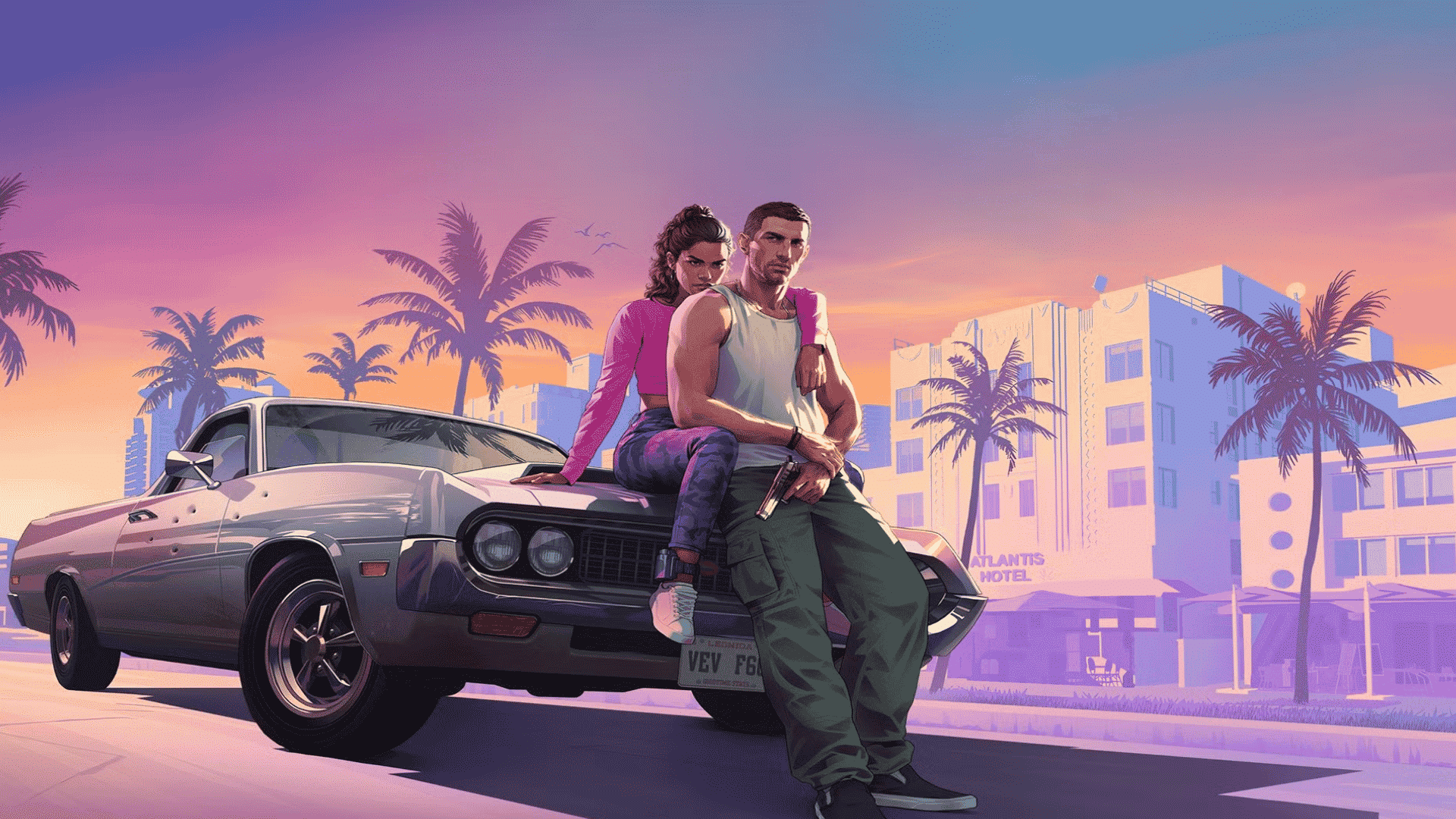 GTA 6 poster showing Jason and Lucia leaning on a car in Vice City at sunset with palm trees.