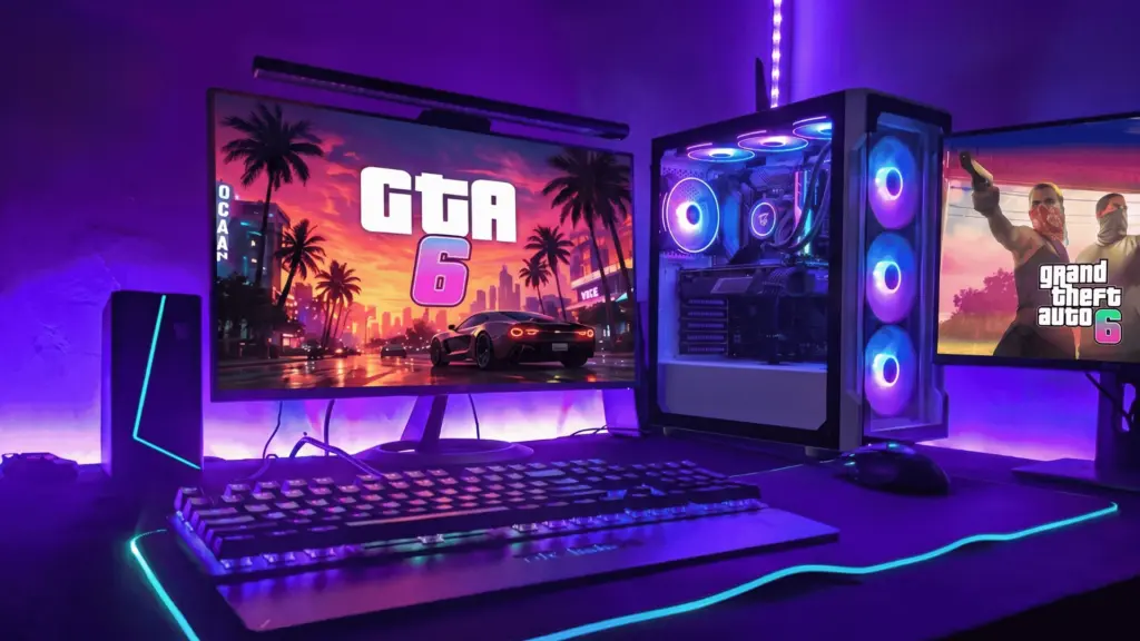 Gaming PC setup with dual monitors displaying GTA 6 artwork, RGB-lit tower, keyboard, and mouse