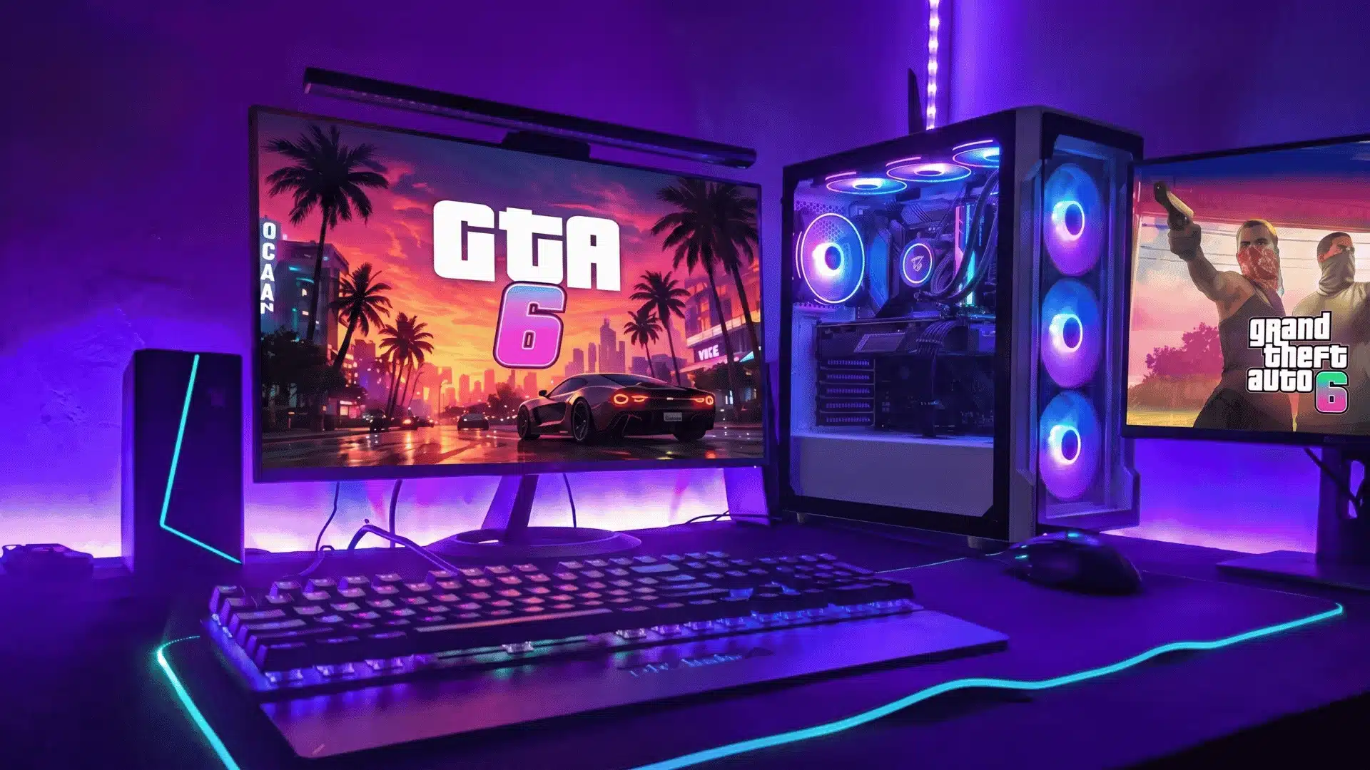 Gaming PC setup with dual monitors displaying GTA 6 artwork, RGB-lit tower, keyboard, and mouse