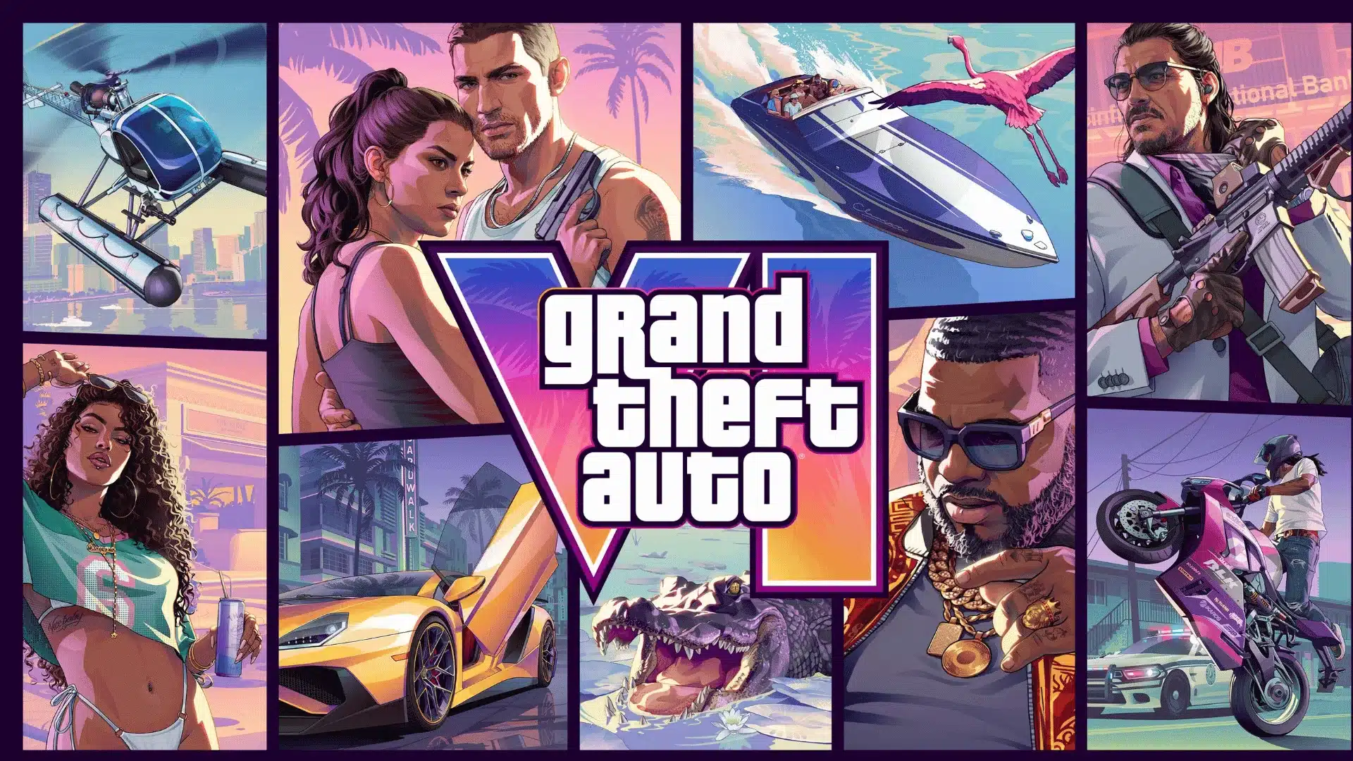GTA 6 preorder poster showing the main logo with Jason, Lucia & other characters, vehicles, action scenes, and Vice City style artwork.