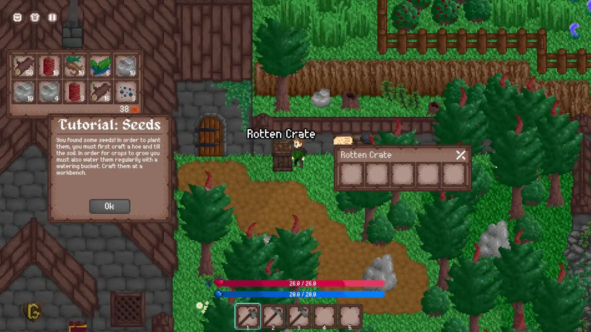 Guild Master gameplay showing a character beside a rotten crate during the seeds tutorial