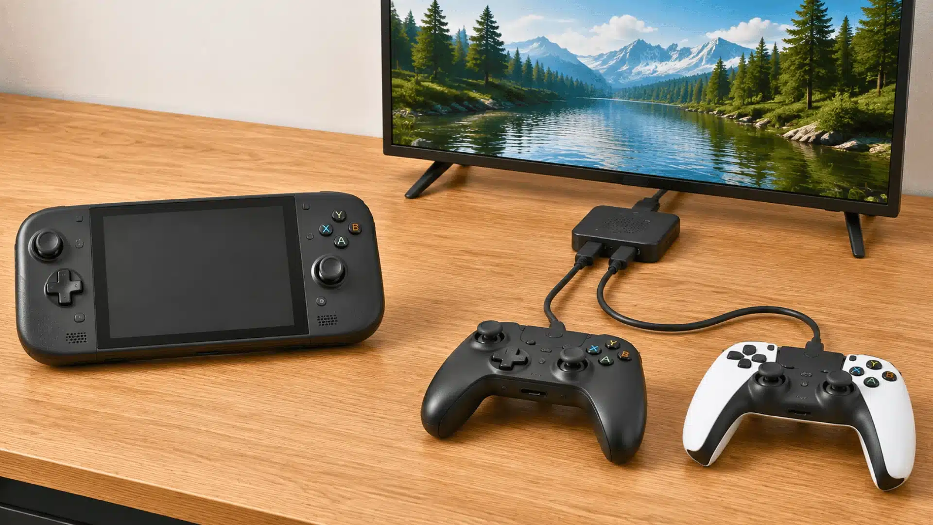 Handheld gaming console with two controllers and monitor on a wooden desk.