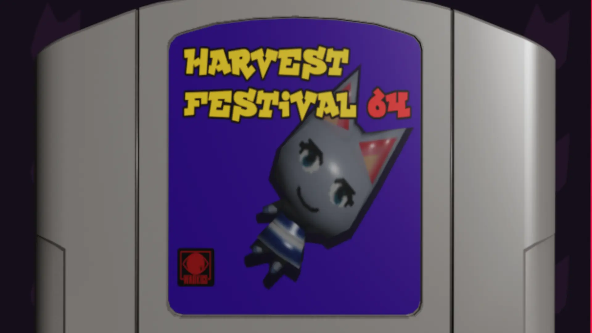 Harvest Festival 64 game cover with a small cartoon character on a purple label inside a gray cartridge-style frame.