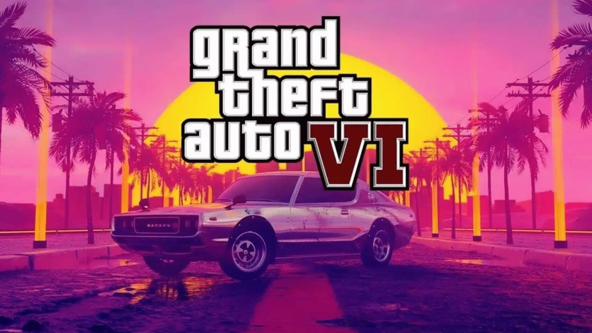 Grand Theft Auto VI logo over a neon sunset with palm trees and a classic car on the street, styled as cover art.