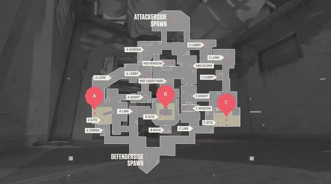 Valorant Haven map layout showing three spike sites A, B and C, mid courtyard control