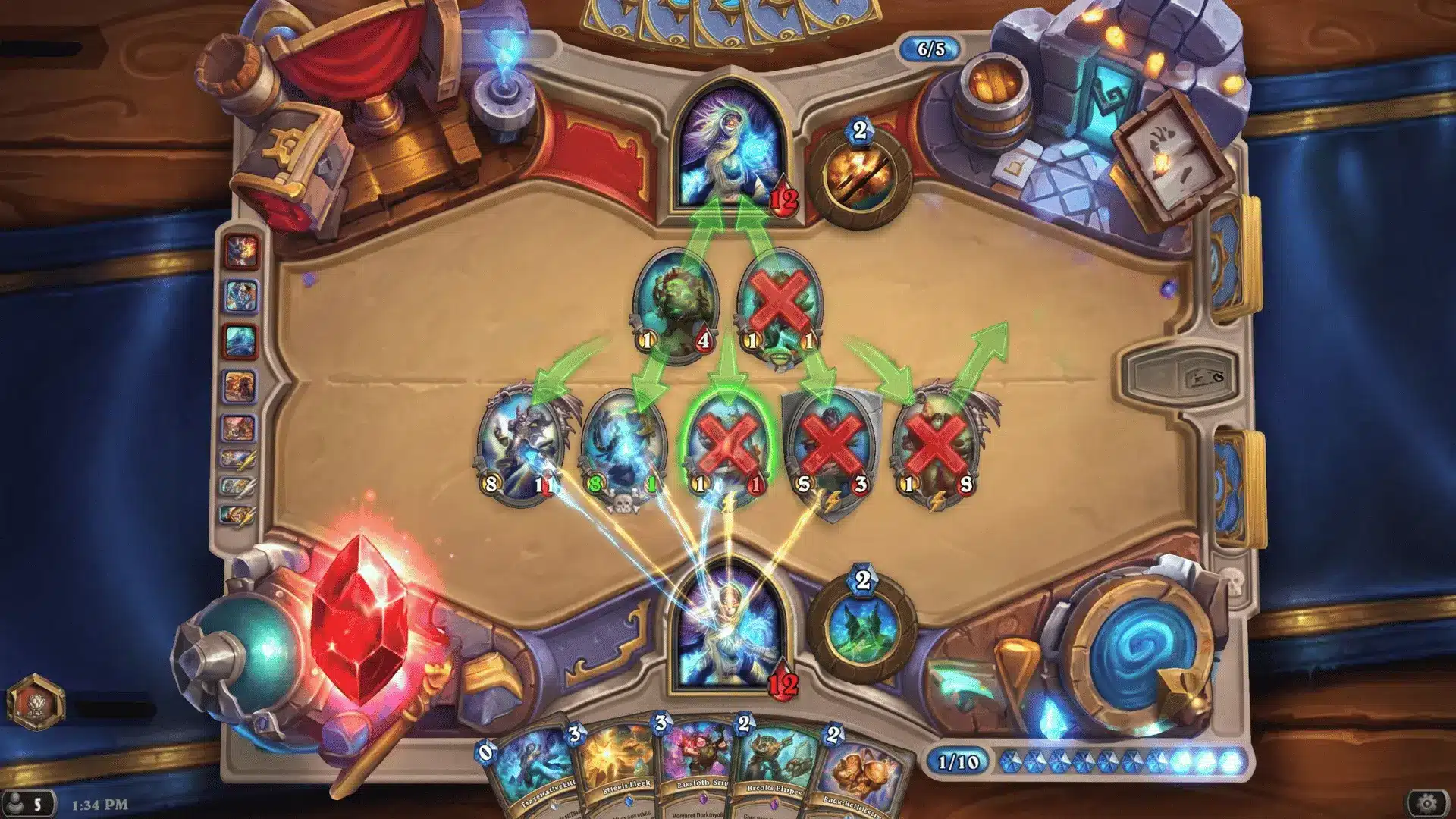Hearthstone card game match in progress showing the board layout, active minions, and resource crystals.