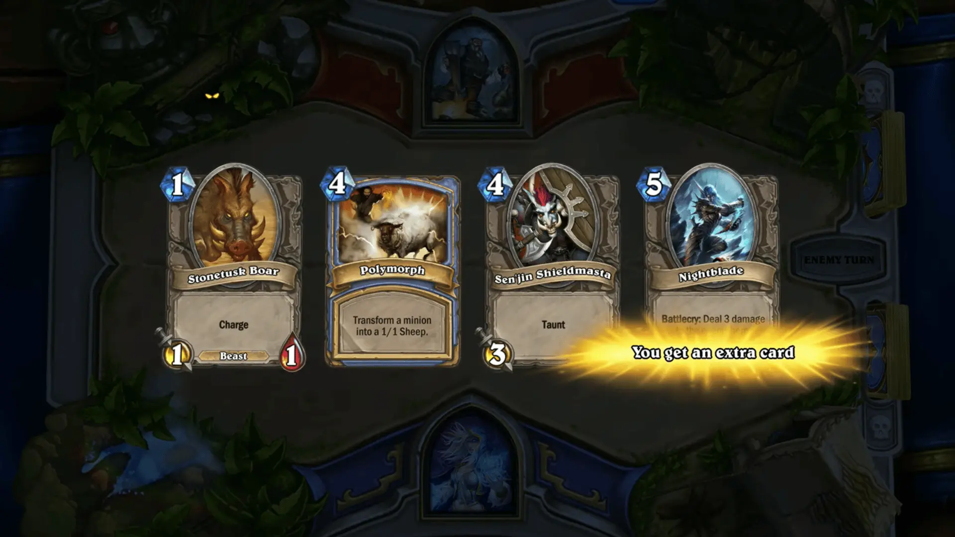 Hearthstone mulligan phase showing four cards with a highlight for an extra card draw emphasizing early-game decision-making.