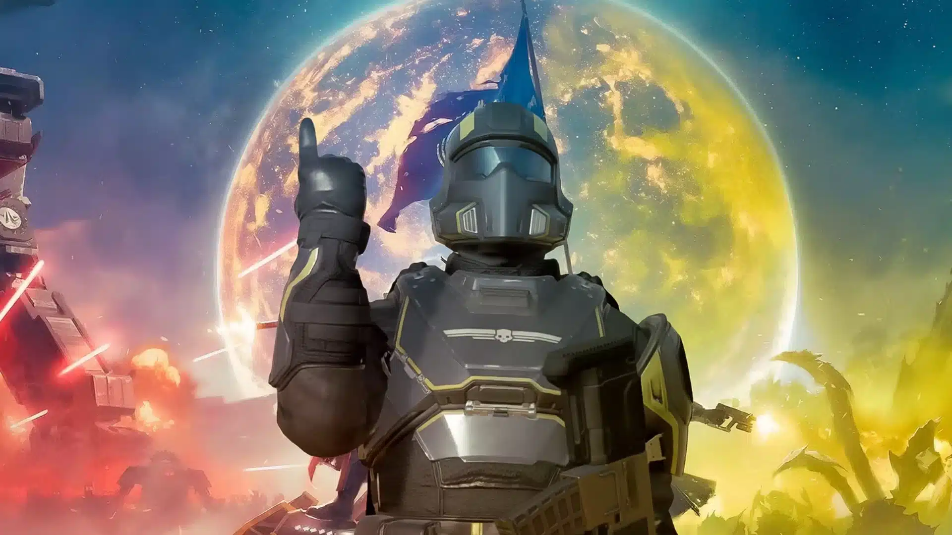 Armored soldier aims across a rugged alien battlefield toward a glowing sunset base