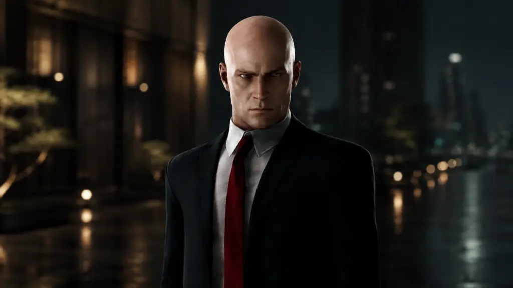 Agent 47 of Hitman: World of Assassination in a black suit stands before a dark, softly lit cityscape at night