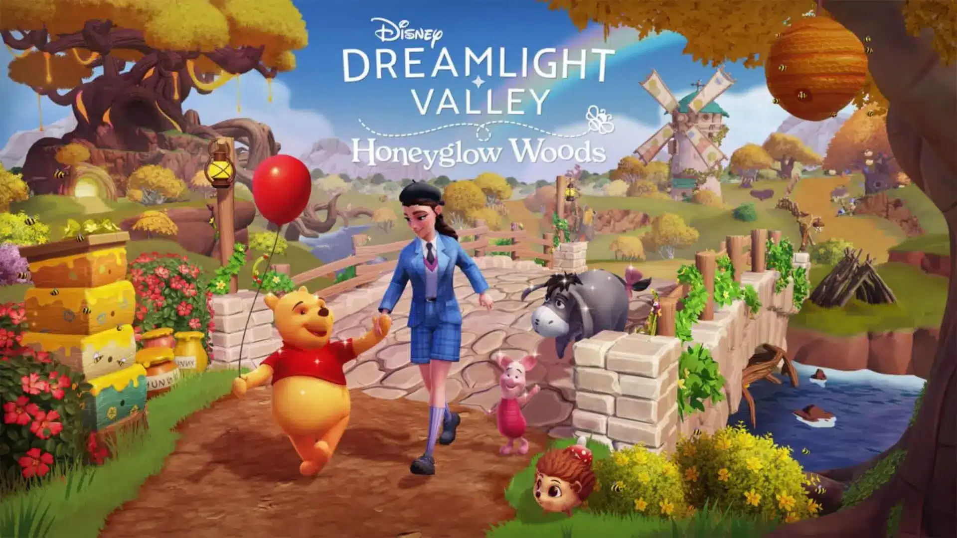 Disney Dreamlight Valley: Honeyglow Woods artwork with Winnie the Pooh, Piglet, Eeyore, bees, and honey trees.