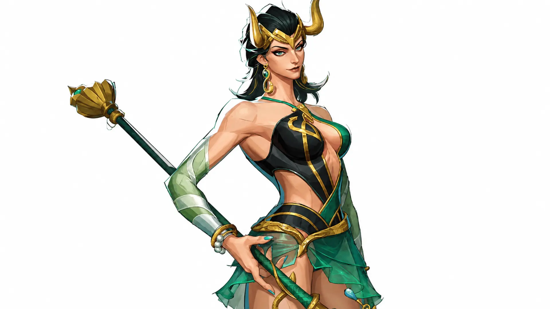 Horned fantasy game character in a black, green, and gold outfit with a staff against a white background
