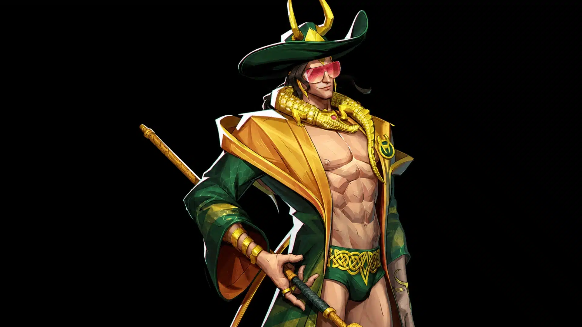 Horned game character in green and gold clothing holding a staff against a black background