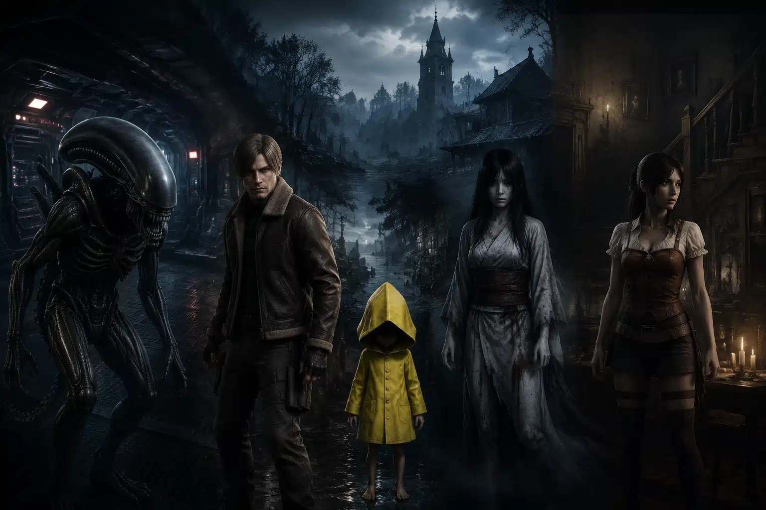 Horror game characters standing in a dark world with a creature, ghosts, and abandoned locations.