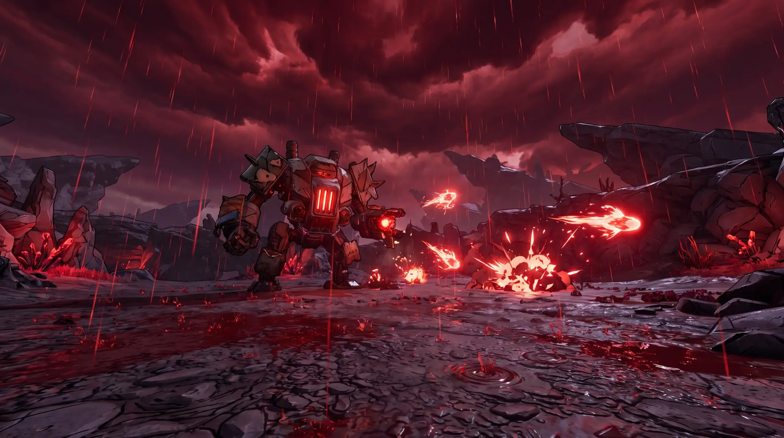 World boss encounter under dark red skies and blood rain during the Horrors of Kairos event