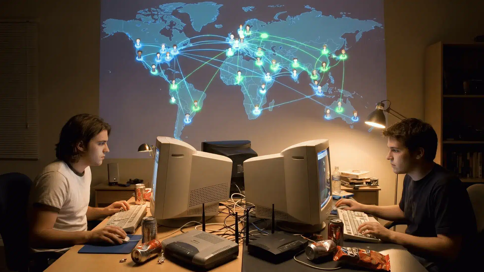 Broadband internet enabling connected online gaming worlds with persistent player identities