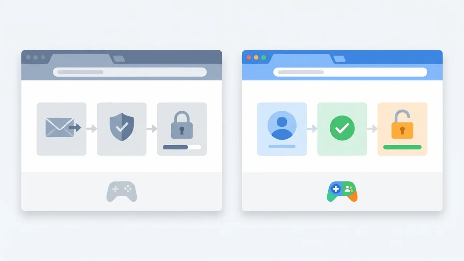 Two gaming account setup states showing verification and multiplayer access differences