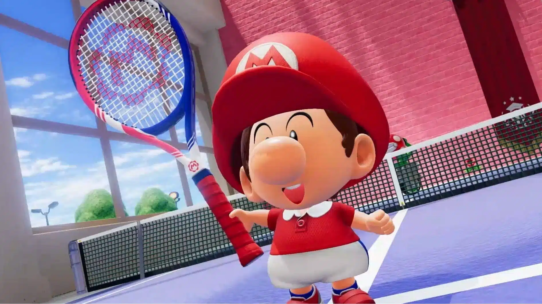 Mario Tennis Fever match showing characters using special racket effects during a tennis rally