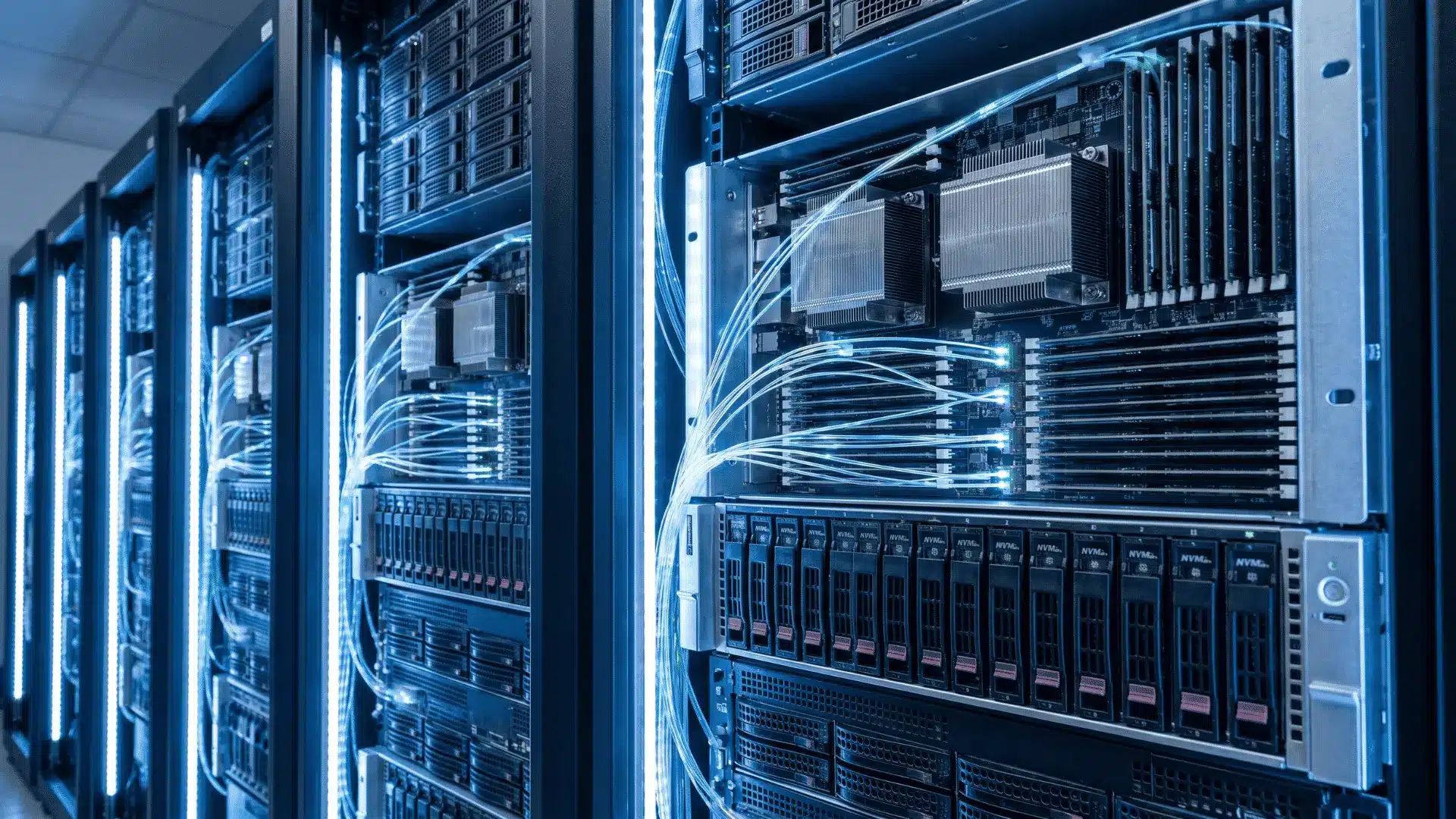 Data center server hardware showing CPU, memory, and storage systems representing game server infrastructure