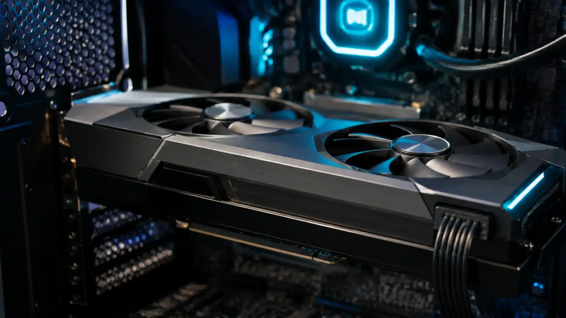 Dual-fan GPU installed in a desktop PC with blue lighting and visible motherboard