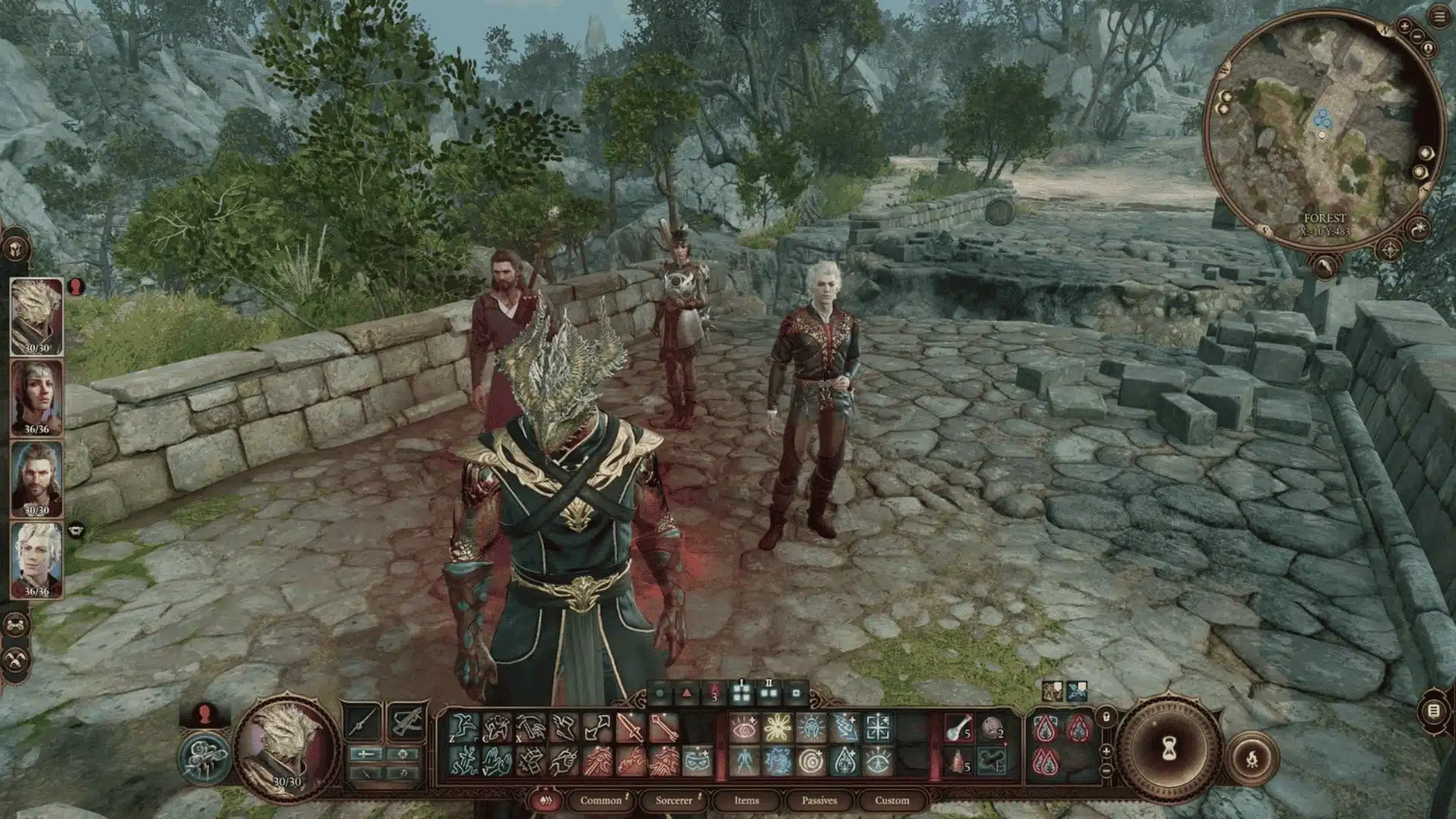 Baldur's Gate 3 gameplay showing a four-character party standing on a stone pathway with the UI visible.