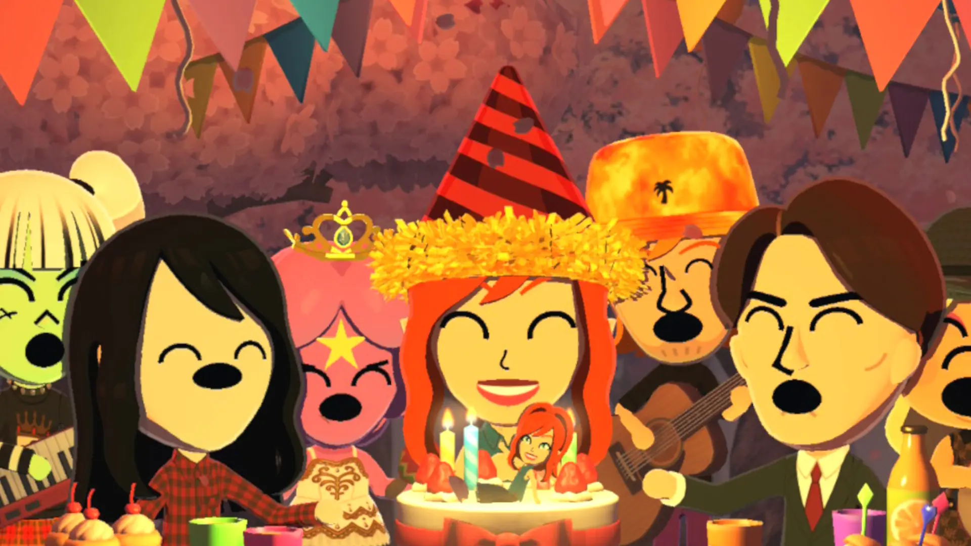 Tomodachi Life: Living the Dream Miis celebrating at a party with cake, music, and colorful decorations.