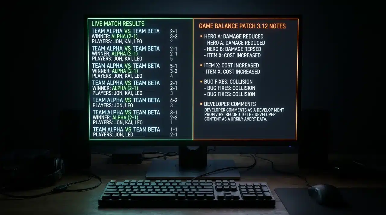 Gaming monitor split between a live esports match result feed and a game balance patch breakdown displayed side by side
