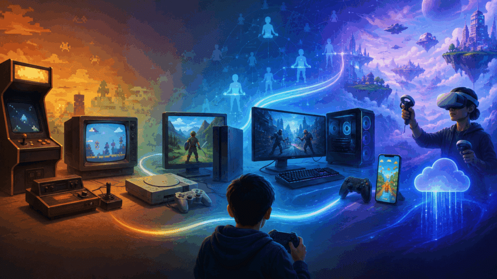 Digital illustration of gaming's evolution from retro arcades and consoles to mobile, AI, and cloud gaming.